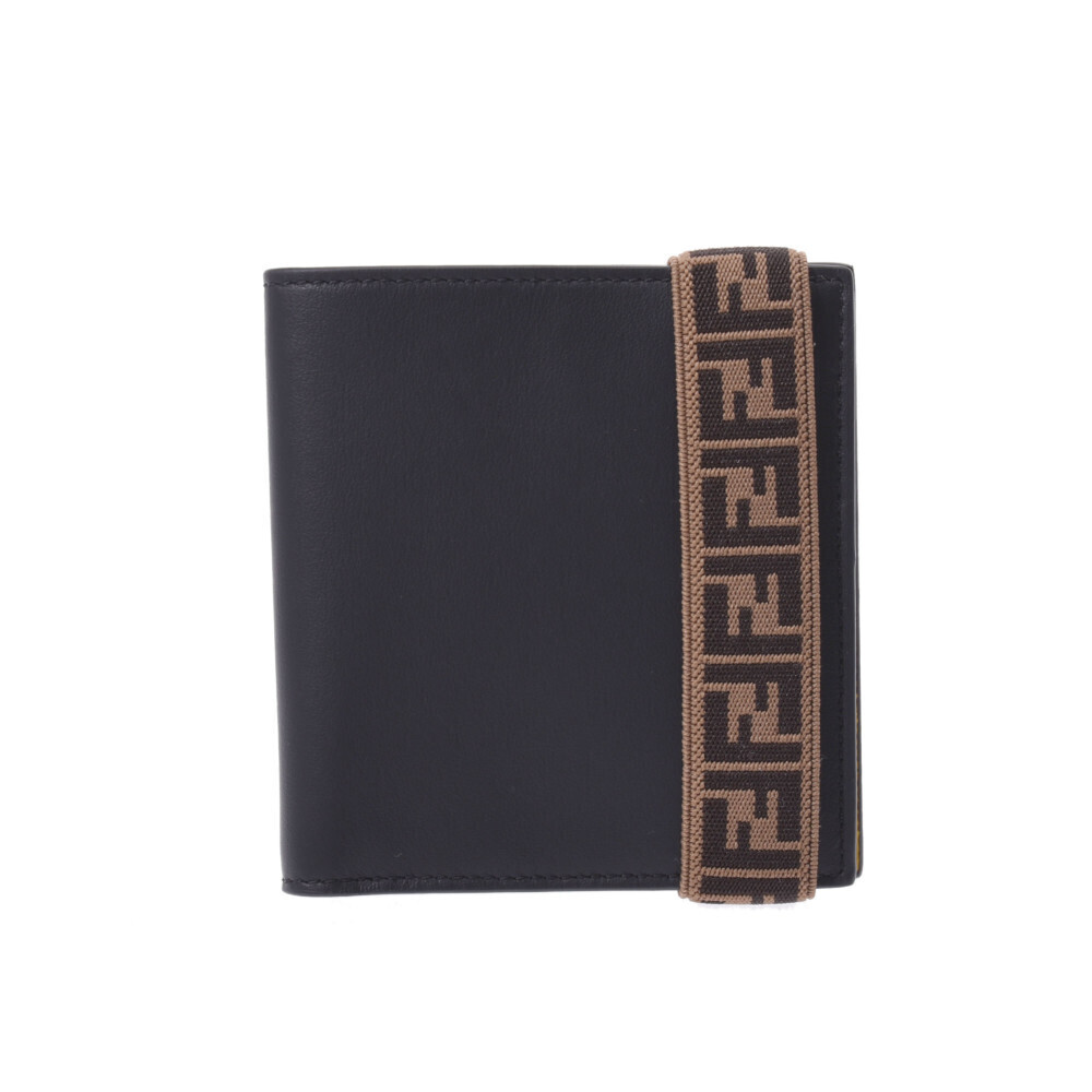 Fendi Compact Bi fold Wallet Black Yellow Leather Billfold